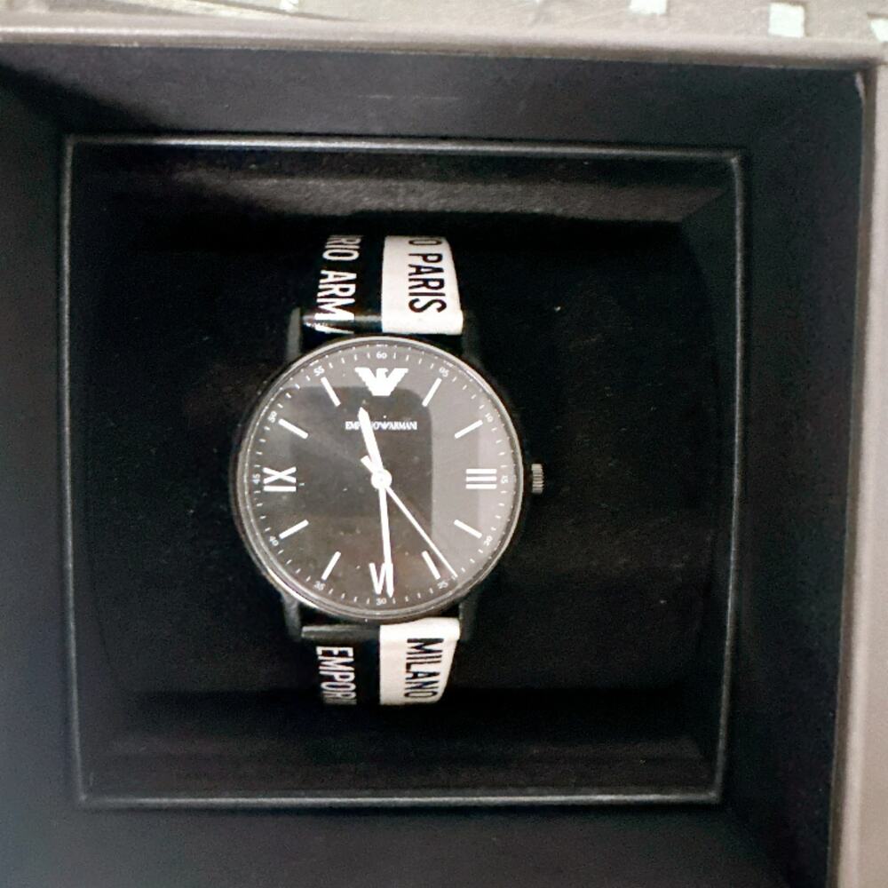 Emporio Armani AR11254 Mens Quartz Watch Black Dial City Print Leather Band